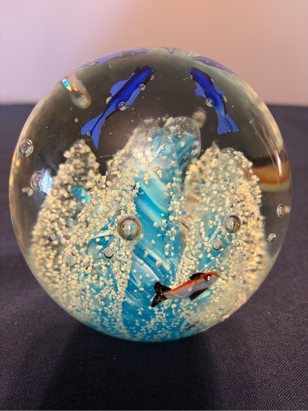 Murano Style Art Glass Aquarium Reef, Dolphins, Fish Heavy Paperweight-Glows-5"